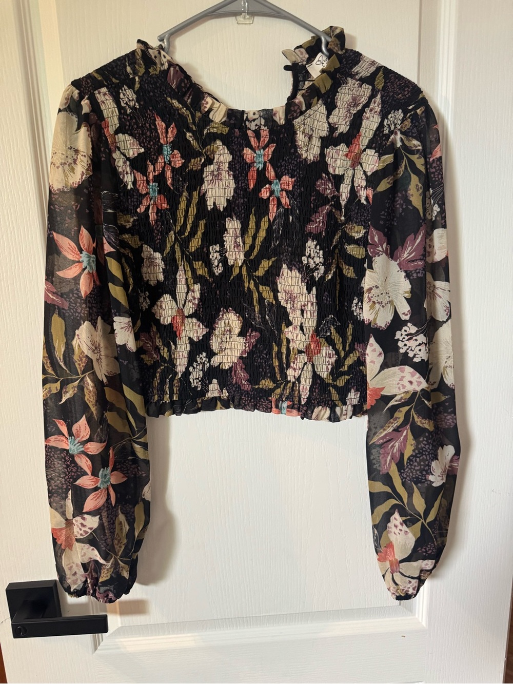 Laurel Burch Black Floral Smocked Long-Sleeve Crop Top